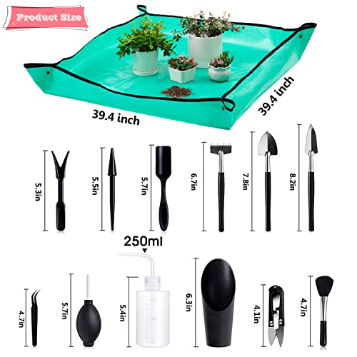 Melphoe 23Pcs Mini Garden Hand Transplanting Succulent Tools Set, 39.4" Thickened Repotting Mat & Plant Tag, Miniature Planting Indoor Fairy Care, Potting, Cactus, Houseplant Bonsai Tool Kit (Black)