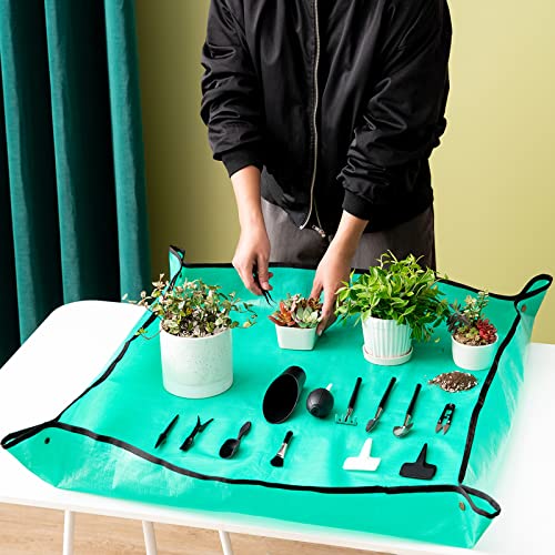 Melphoe 23Pcs Mini Garden Hand Transplanting Succulent Tools Set, 39.4" Thickened Repotting Mat & Plant Tag, Miniature Planting Indoor Fairy Care, Potting, Cactus, Houseplant Bonsai Tool Kit (Black)