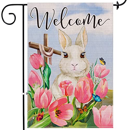 Hexagram Easter Garden Flag, Bunny Easter Flag 12x18, Spring Tulip Flowers Decorations for Outside Outdoor Yard, Farmhouse Easter Bunny Small Flag, Decorative Burlap Welcome Sign Banner Outdoor Decor