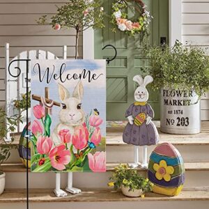 Hexagram Easter Garden Flag, Bunny Easter Flag 12x18, Spring Tulip Flowers Decorations for Outside Outdoor Yard, Farmhouse Easter Bunny Small Flag, Decorative Burlap Welcome Sign Banner Outdoor Decor