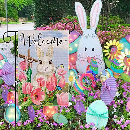 Hexagram Easter Garden Flag, Bunny Easter Flag 12x18, Spring Tulip Flowers Decorations for Outside Outdoor Yard, Farmhouse Easter Bunny Small Flag, Decorative Burlap Welcome Sign Banner Outdoor Decor