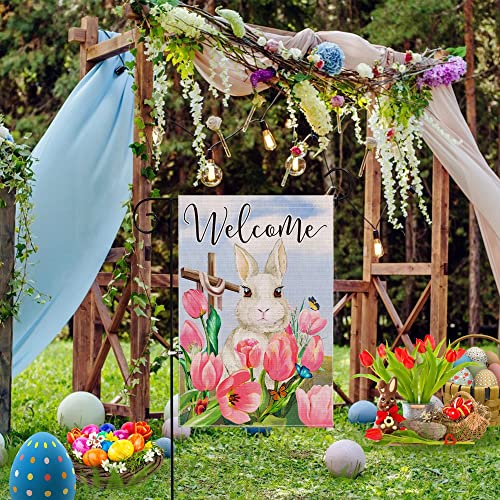 Hexagram Easter Garden Flag, Bunny Easter Flag 12x18, Spring Tulip Flowers Decorations for Outside Outdoor Yard, Farmhouse Easter Bunny Small Flag, Decorative Burlap Welcome Sign Banner Outdoor Decor