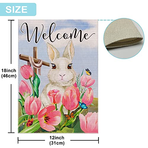 Hexagram Easter Garden Flag, Bunny Easter Flag 12x18, Spring Tulip Flowers Decorations for Outside Outdoor Yard, Farmhouse Easter Bunny Small Flag, Decorative Burlap Welcome Sign Banner Outdoor Decor