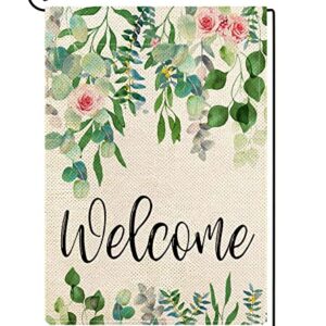 ORTIGIA Welcome Spring Floral Garden Flag Vertical Double Sided 12x18inch Wedding Birthday Flowers Yard Flag for Outside Farmhouse Holiday Green Leaves Anniversary Wedding Yard Lawn Outdoor Decoration