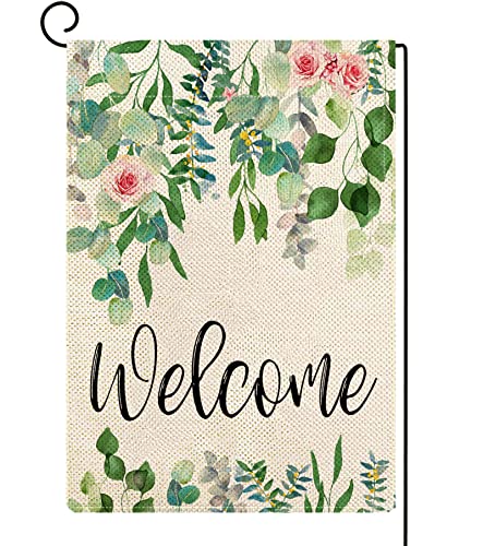 ORTIGIA Welcome Spring Floral Garden Flag Vertical Double Sided 12x18inch Wedding Birthday Flowers Yard Flag for Outside Farmhouse Holiday Green Leaves Anniversary Wedding Yard Lawn Outdoor Decoration