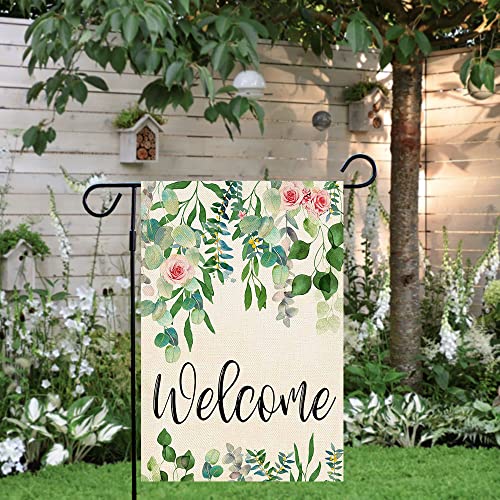 ORTIGIA Welcome Spring Floral Garden Flag Vertical Double Sided 12x18inch Wedding Birthday Flowers Yard Flag for Outside Farmhouse Holiday Green Leaves Anniversary Wedding Yard Lawn Outdoor Decoration