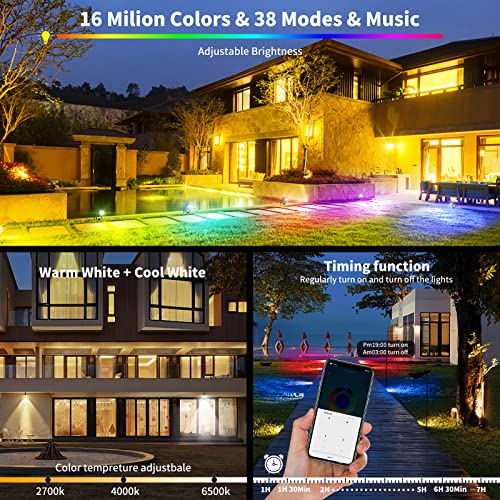 1500LM LED High Brightness Outdoor Landscape Lighting 15W RGB Color Changing Landscape Lights Bluetooth Remote Control Spot-Lights with Plug in IP66 Waterproof Flood Light for Garden - 2 Pack