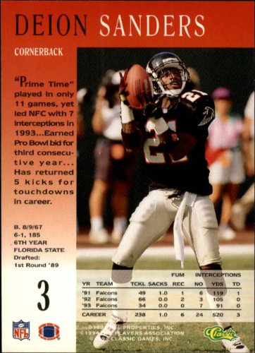 1994 Pro Line Live Football Card #3 Deion Sanders