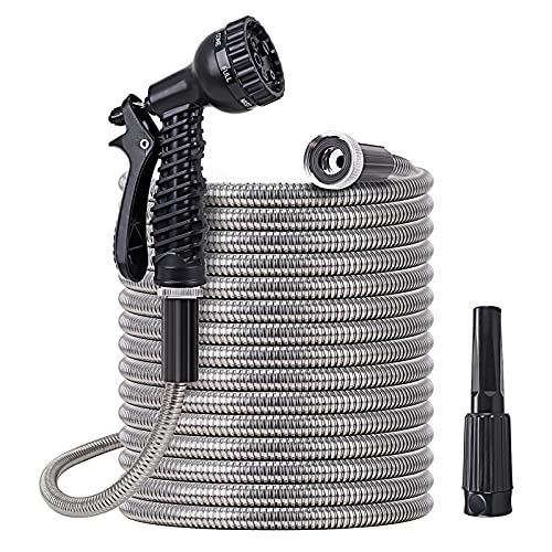 Metal Water Hose 100 ft - Stainless Steel Water Hose with 2 Nozzles, Outdoor Portable, Lightweight, Tangle Free & Kink Free, Heavy Duty, High Pressure, Flexible, Dog Proof