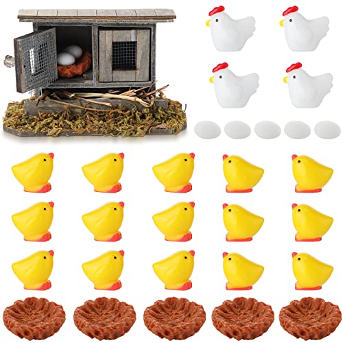 30 Pieces Miniature Retro Wooden Chicken Coop Mini Family Chicken Easter Figurines Tiny Hen Chick Egg Chicken Nest for Garden Micro Landscape Home Terrarium Crafts Cake Toppers Easter Decorations