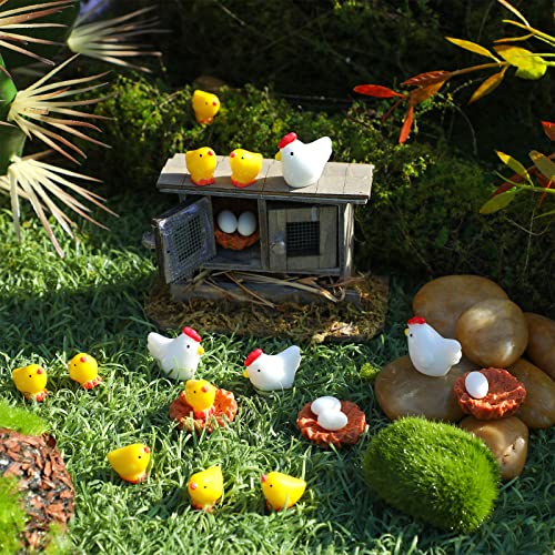 30 Pieces Miniature Retro Wooden Chicken Coop Mini Family Chicken Easter Figurines Tiny Hen Chick Egg Chicken Nest for Garden Micro Landscape Home Terrarium Crafts Cake Toppers Easter Decorations