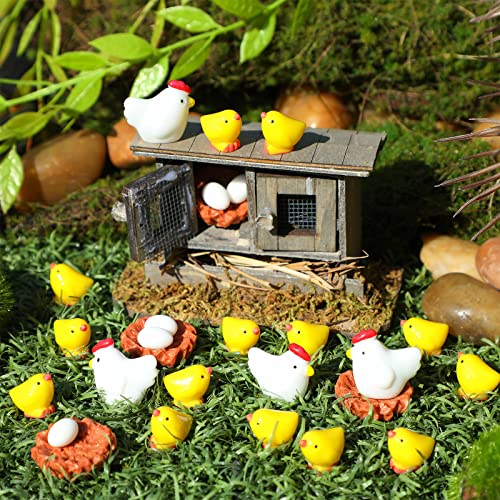 30 Pieces Miniature Retro Wooden Chicken Coop Mini Family Chicken Easter Figurines Tiny Hen Chick Egg Chicken Nest for Garden Micro Landscape Home Terrarium Crafts Cake Toppers Easter Decorations