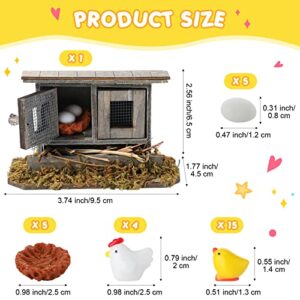 30 Pieces Miniature Retro Wooden Chicken Coop Mini Family Chicken Easter Figurines Tiny Hen Chick Egg Chicken Nest for Garden Micro Landscape Home Terrarium Crafts Cake Toppers Easter Decorations