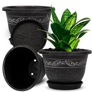 qcqhdu plant pots, 3 packs 8 inch planters with drainage hole saucer, plastic flower pots for indoor plants retro decorative for outdoor garden container sets(silver-8 inch)