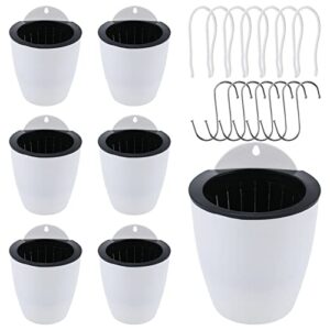 mono-gatari 7 pack self watering hanging planters white plastic wall hanging planter pot with 7 hooks 5 inch lazy flower pot succulent plants for indoor outdoor garden fence, porch, wall(5inch)