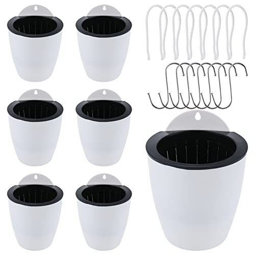 Mono-gatari 7 Pack Self Watering Hanging Planters White Plastic Wall Hanging Planter Pot with 7 Hooks 5 Inch Lazy Flower Pot Succulent Plants for Indoor Outdoor Garden Fence, Porch, Wall(5Inch)