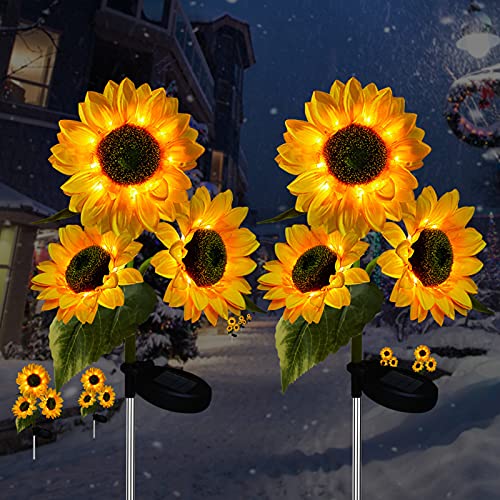 2 Pack Sunflower Solar Lights Outdoor Decor with 3 LED Sunflower Yellow Flower Lights Decorative Waterproof for Patio Lawn Garden Yard Pathway Decoration