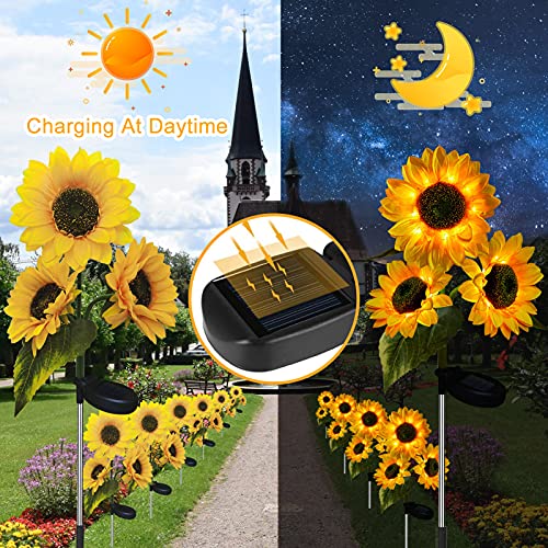 2 Pack Sunflower Solar Lights Outdoor Decor with 3 LED Sunflower Yellow Flower Lights Decorative Waterproof for Patio Lawn Garden Yard Pathway Decoration