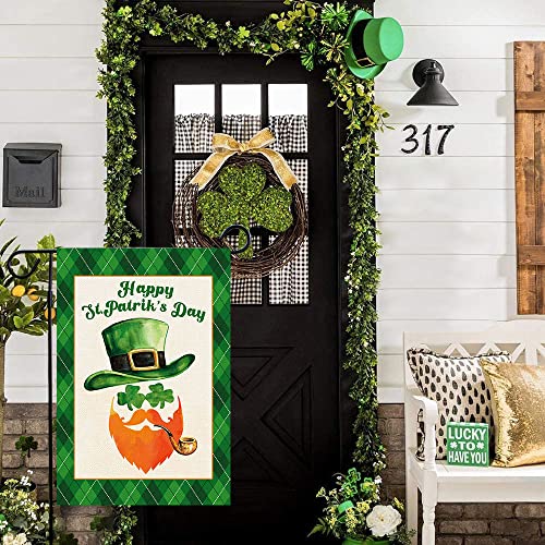 Baccessor St Patricks Day Garden Flag 12×18 Inch Double Sided Lucky Shamrock Clover Green Hat Welcome Burlap Yard Flags for Outside Yard Lawn Outdoor Irish St Patrick's Day Decoration