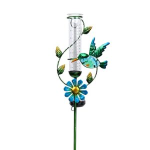 mumtop rain gauge outdoor – solar powered garden rain gauge, metal hummingbird flower stake, led lights for garden yard patio decor