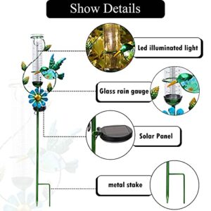 MUMTOP Rain Gauge Outdoor - Solar Powered Garden Rain Gauge, Metal Hummingbird Flower Stake, LED Lights for Garden Yard Patio Decor