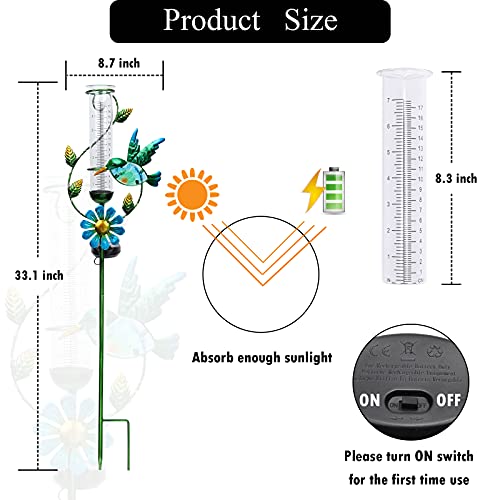 MUMTOP Rain Gauge Outdoor - Solar Powered Garden Rain Gauge, Metal Hummingbird Flower Stake, LED Lights for Garden Yard Patio Decor