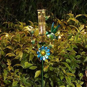 MUMTOP Rain Gauge Outdoor - Solar Powered Garden Rain Gauge, Metal Hummingbird Flower Stake, LED Lights for Garden Yard Patio Decor