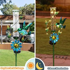 MUMTOP Rain Gauge Outdoor - Solar Powered Garden Rain Gauge, Metal Hummingbird Flower Stake, LED Lights for Garden Yard Patio Decor