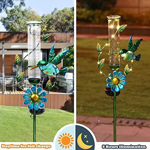 MUMTOP Rain Gauge Outdoor - Solar Powered Garden Rain Gauge, Metal Hummingbird Flower Stake, LED Lights for Garden Yard Patio Decor