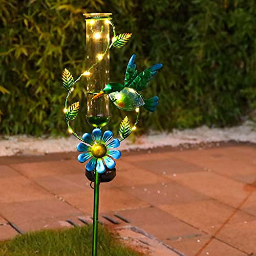 MUMTOP Rain Gauge Outdoor - Solar Powered Garden Rain Gauge, Metal Hummingbird Flower Stake, LED Lights for Garden Yard Patio Decor