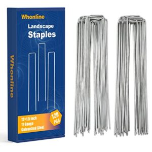 whonline 120pcs 12 inch galvanized garden stakes landscape staples fence stakes, 11 gauge heavy duty garden staples for securing lawn fabric, tent, weed barrier, irrigation tubing