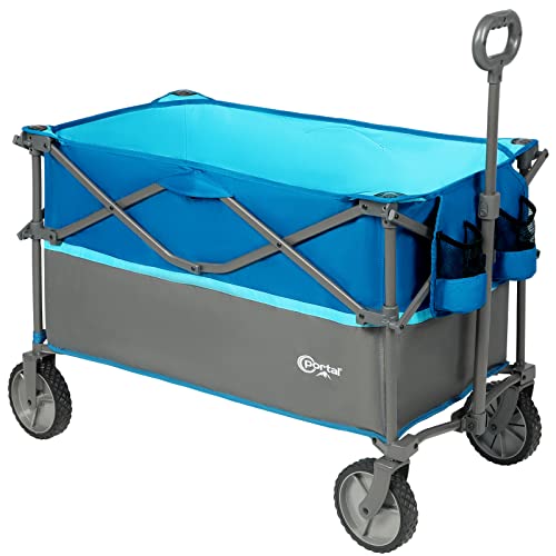 PORTAL Folding Utility Wagon Collapsible Cart with Wheels Heavy Duty Foldable Garden Wagon with Cup Holder& Side Pocket, for Camping, Outdoor, Shopping