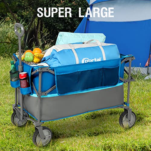 PORTAL Folding Utility Wagon Collapsible Cart with Wheels Heavy Duty Foldable Garden Wagon with Cup Holder& Side Pocket, for Camping, Outdoor, Shopping