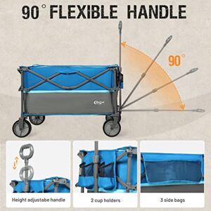 PORTAL Folding Utility Wagon Collapsible Cart with Wheels Heavy Duty Foldable Garden Wagon with Cup Holder& Side Pocket, for Camping, Outdoor, Shopping