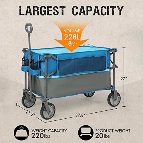 PORTAL Folding Utility Wagon Collapsible Cart with Wheels Heavy Duty Foldable Garden Wagon with Cup Holder& Side Pocket, for Camping, Outdoor, Shopping