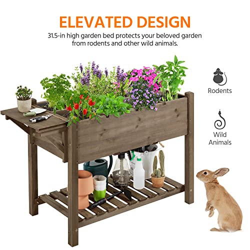 Yaheetech 49x22x32in 8 Pockets Raised Garden Bed Elevated Wood Planter Box Stand with Foldable Side Table and Storage Shelf for Herb/Vegetables/Flowers