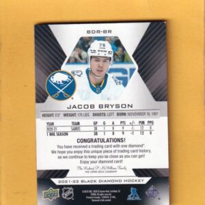 2021-22 Black Diamond Relic Rookie Gems Single #BDR-BR Jacob Bryson NM-MT+ RC Rookie MEM 93/99 Buffalo Sabres