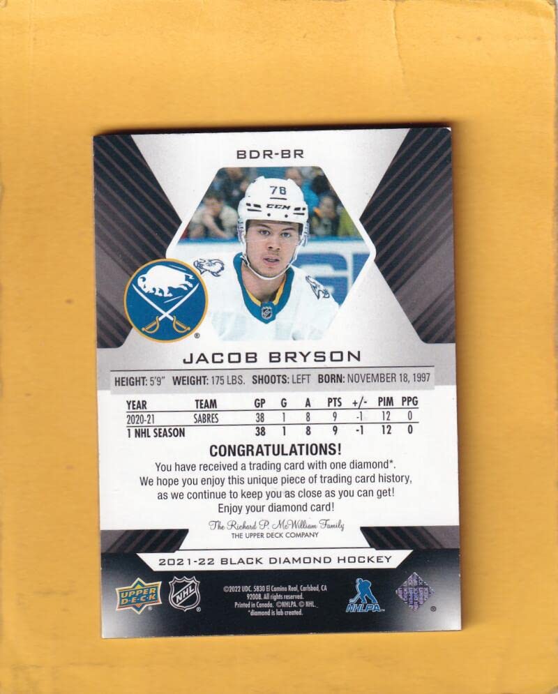 2021-22 Black Diamond Relic Rookie Gems Single #BDR-BR Jacob Bryson NM-MT+ RC Rookie MEM 93/99 Buffalo Sabres