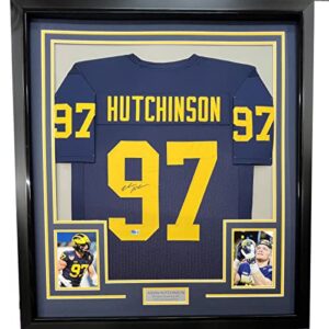 Framed Autographed/Signed Aidan Hutchinson 33x42 Michigan Blue College Football Jersey Beckett BAS COA