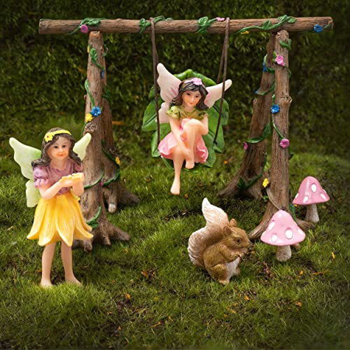 PRETMANNS Fairies for Fairy Garden - Outdoor Fairy Garden Accessories with Fairy Garden Fairies - Fairy Garden Kit - Miniature Garden Fairy Figurines & Fairy Garden Swing - 6 Items