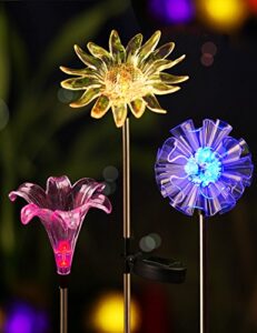 bright zeal set of 3 led solar stake lights color changing – outdoor multi color solar flowers yard lights waterproof garden decor (dandelion, lily, sunflower) – solar patio lights multicolor changing