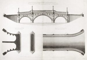 geometrical elevation of a bridge to be built over the river in the garden at sion. plan of the foundations of the bridge. plan of the carriage and footways of the bridge