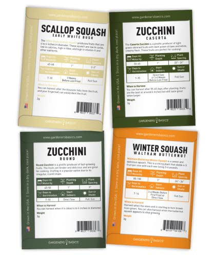 8 Squash Seeds for Planting Individual Packets - Zucchini, Delicata, Butternut, Spaghetti, Scallop, Caserta, Round and Hubbard for Your Non GMO Heirloom Vegetable Garden by Gardeners Basics