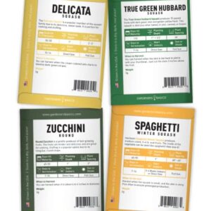 8 Squash Seeds for Planting Individual Packets - Zucchini, Delicata, Butternut, Spaghetti, Scallop, Caserta, Round and Hubbard for Your Non GMO Heirloom Vegetable Garden by Gardeners Basics
