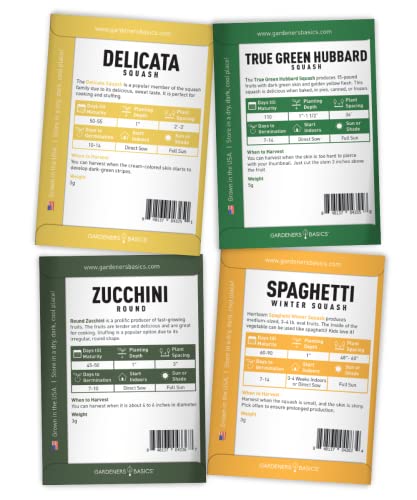 8 Squash Seeds for Planting Individual Packets - Zucchini, Delicata, Butternut, Spaghetti, Scallop, Caserta, Round and Hubbard for Your Non GMO Heirloom Vegetable Garden by Gardeners Basics