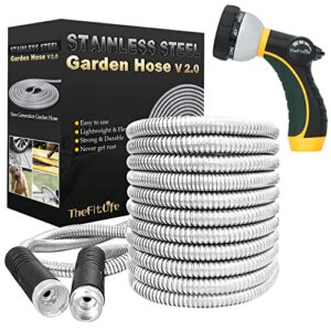 thefitlife flexible metal garden hose – upgrade leak and fray resistant design, stainless steel water hose with solid fittings and sprayer nozzle, lightweight kink free durable easy storage (100 ft)