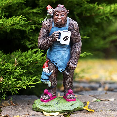 Redwix Bigfoot Statue 11 inch, Garden Gnomes Outdoor, Sasquatch Statue with Cup of Coffee for Outdoor Decor, Bigfoot Gifts