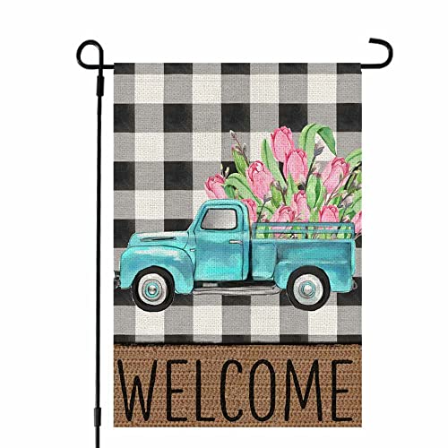 CROWNED BEAUTY Spring Garden Flag Blue Green Truck Floral Welcome 12×18 Inch Double Sided Outside Vertical Buffalo Plaid Holiday Yard Décor