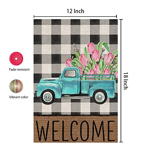 CROWNED BEAUTY Spring Garden Flag Blue Green Truck Floral Welcome 12×18 Inch Double Sided Outside Vertical Buffalo Plaid Holiday Yard Décor