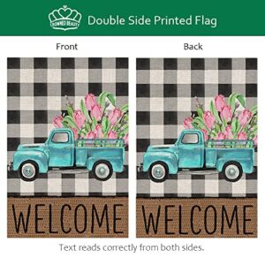 CROWNED BEAUTY Spring Garden Flag Blue Green Truck Floral Welcome 12×18 Inch Double Sided Outside Vertical Buffalo Plaid Holiday Yard Décor